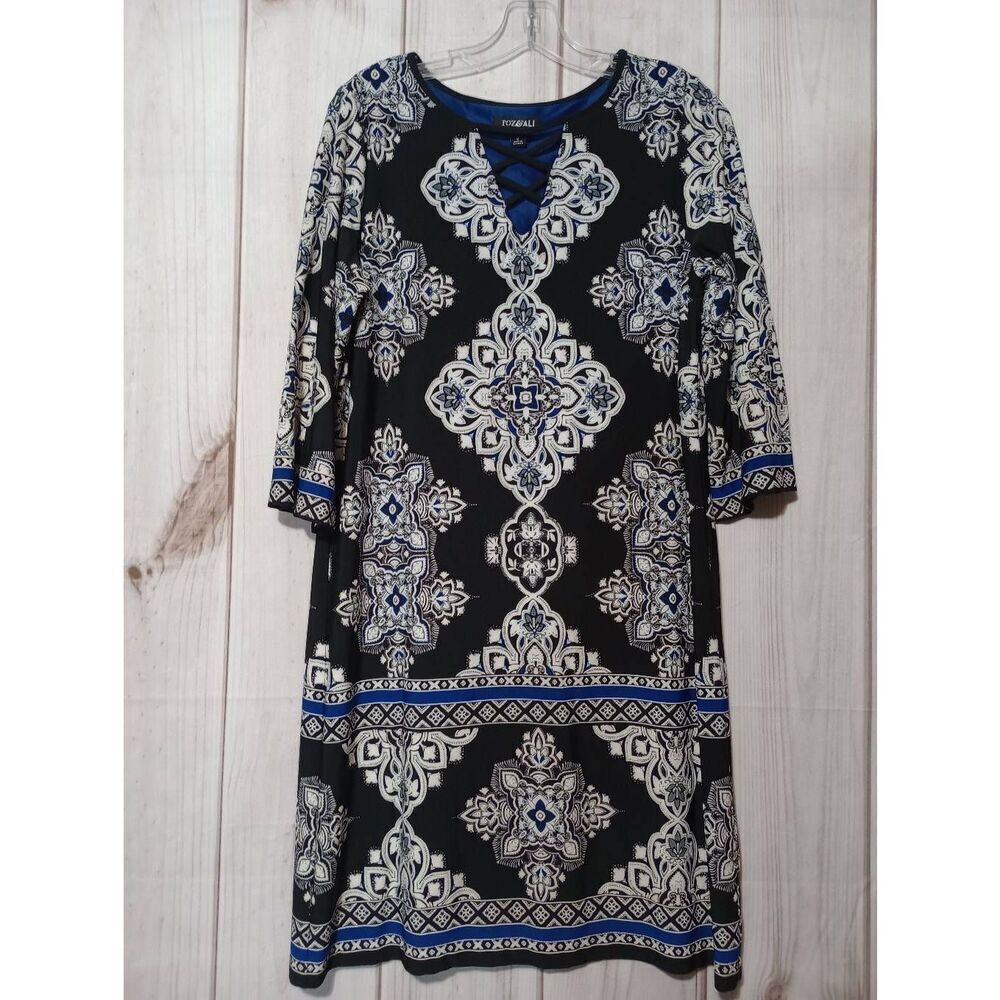 Roz & Ali Womens Black Blue Medallion Print Lattice Neck Sheath‎ Dress Size 8